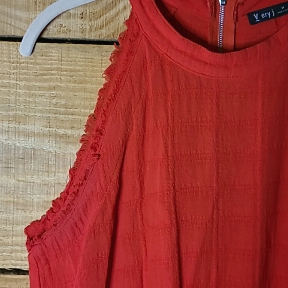 Very J* Cotton* Sleeveless Romper* Drawstring Elastic Waist* Raw Hem* Red* Sz M